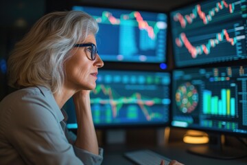 Senior businesswoman analyzing stock market data.