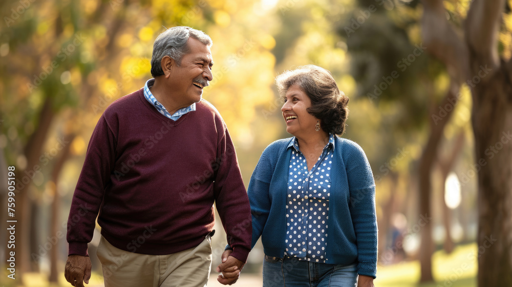 Poster elderly couple is seen walking together, holding hands and sharing a happy moment in a sunlit park