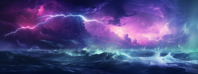 Dramatic Seascape with Intense Lightning and Dark Clouds