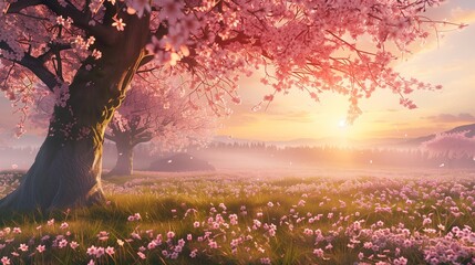 Blossoming cherry tree in spring at sunrise