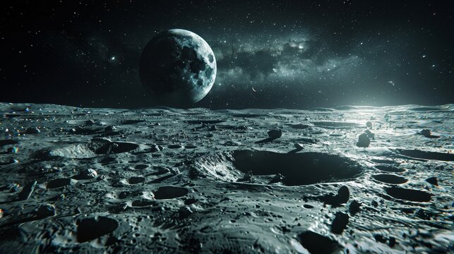 The rugged surface of the moon glows against the dark backdrop of space, with a breathtaking view of Earth rising on the horizon.