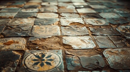 A floor covered in historic engraved tiles, each piece bearing ornate designs, evoking a sense of the past.