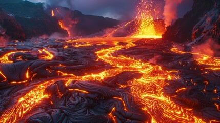 Fototapeta premium Dramatic scene of molten lava flowing with intense heat from an erupting volcano, illuminating the darkened landscape.