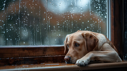 Sad dog waiting alone at home. Labrador retriever looking through window during rain.