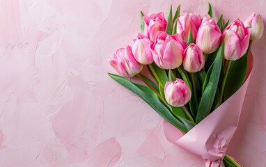 A bouquet of pink tulips placed on a pink background, showcasing vibrant pink flowers against a soft pink backdrop.