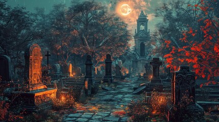 A gothic cemetery is shrouded in mystery under the light of a full moon, its tombstones casting long shadows amidst the fiery autumn foliage.