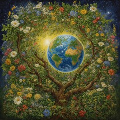 Obraz na płótnie Canvas Mother Earth rejoices and prospers. The planet against a background of bright lush greenery and flowers. World environment Day. Floral natural background. 