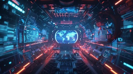 Inside a science fiction spaceship command center, featuring a central hologram of Earth surrounded by futuristic control panels and interfaces. - obrazy, fototapety, plakaty