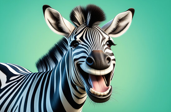 Funny zebra with wide smile , laughing on light green background