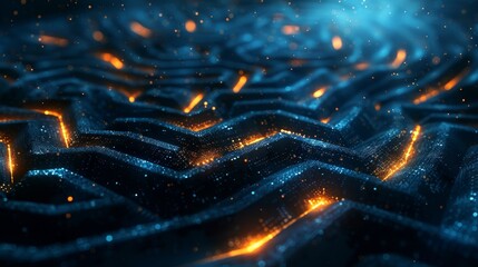 A digital terrain of sparkling blue circuit lines with vibrant orange accents, mimicking an electrified landscape alive with data flow. - obrazy, fototapety, plakaty