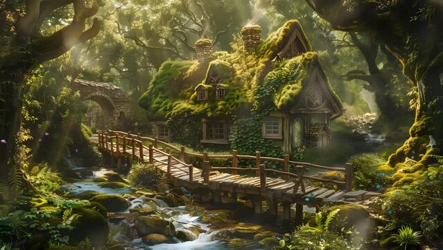 Serene forest landscape with a picturesque bridge crossing a stream, a cozy house in the distance. Seamless Looping 4k Video Animation