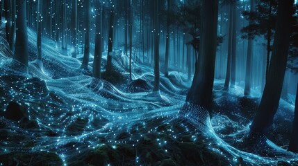 A forest comes alive with a network of bioluminescent webs, casting a mystical glow over the woodland floor and creating a surreal, enchanting atmosphere. - obrazy, fototapety, plakaty