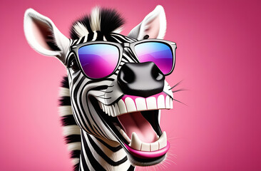 Fototapeta na wymiar Funny zebra laughing, with wide smile in sunglasses on pink background