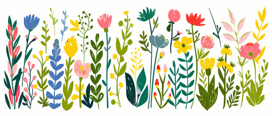Vibrant Wildflowers and Foliage collection in flat hand drawn style clipart illustrations set vector