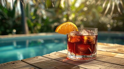 Strong, bitter cocktail Negroni based on gin with the addition of bitters and red vermouth on wooden tabletop on background blurred swimming pool and palms, Copy space