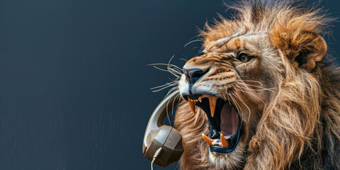 Portrait of angry lion growling into telephone receiver on a simple grey flat background, copy space. Creative concept of phone spam, anger, scammers annoying.