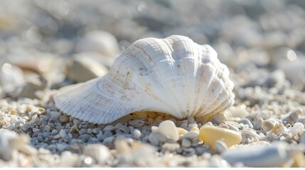 Obraz na płótnie Canvas Seashells on the beach, island tourism concept, beach shell screen saver, advertising screen, public service advertisement
