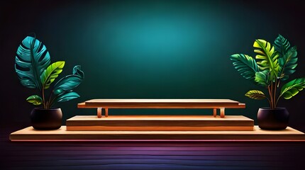 Futuristic glowing wooden podium with tropical monstera plants on teal background. Product displays, presentations, International Day of Forests, eco-friendly business designs with vibrant 