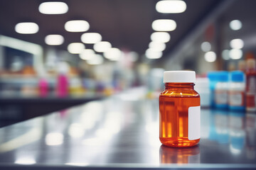 Bottle of medicine on the table in pharmacy drugstore blur background