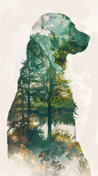 Double Exposure of English Springer Spaniel Silhouette and Park Scenery Watercolor Art Gen AI