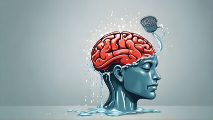 Vector illustration of showering on human brain. Brainwashing concept. Psychology, make someone to believe, manipulate thought, control how people think concept. Mental hygiene, mental wellbeing - obrazy, fototapety, plakaty