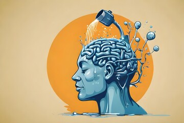 Vector illustration of showering on human brain. Brainwashing concept. Psychology, make someone to believe, manipulate thought, control how people think concept. Mental hygiene, mental wellbeing