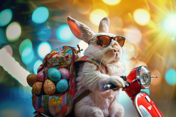 A hip Easter bunny on a motorbike wearing sunglasses and with Easter eggs in his backpack.