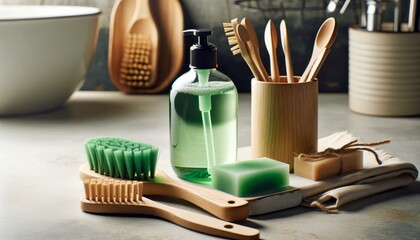 eco-friendly dishwashing liquid with bamboo brushes and wooden spoons representing sustainable kitchen practices - obrazy, fototapety, plakaty