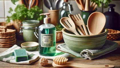 a bottle of organic dish soap with a backdrop of eco-friendly kitchen tools