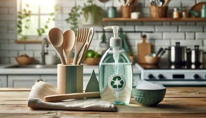 A close-up photograph of environmentally safe dishwashing liquid in a bottle accompanied by eco-friendly kitchen utensils - obrazy, fototapety, plakaty