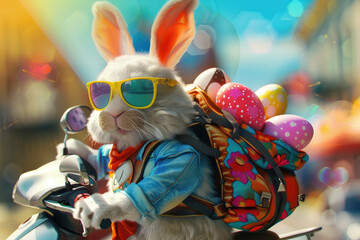 A hip Easter bunny on a motorbike wearing sunglasses and with Easter eggs in his backpack. - obrazy, fototapety, plakaty