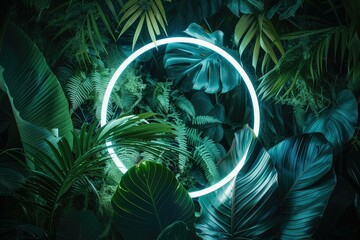 Circular neon light with tropical foliage against a natural background.