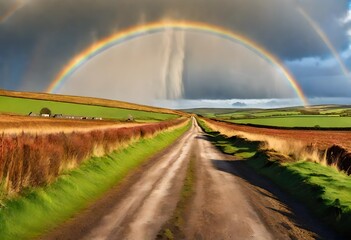 Rainbow over dirt road through Ireland countryside landscape, St. Patrick's Day, wide banner,...