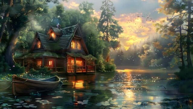 .Tranquil waterfront abode with a boat gently gliding past, offering a serene coastal sanctuary. Seamless Looping 4k Video Animation