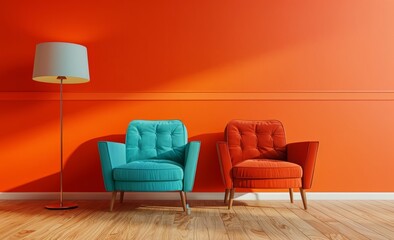 3D rendering of a blue armchair and turquoise chair with a lamp on a wooden floor in a room with...