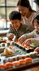 Family Preparing Homemade Sushi Together in a Cozy Kitchen