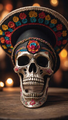 Photo Of Decorated Skull With Sombrero, Dia De Los Muertos