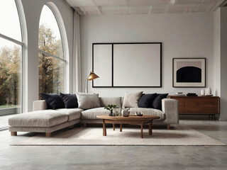 Home interior design of modern living room with Curved sofa against arched window near white living wall with painting art poster frame with white Background