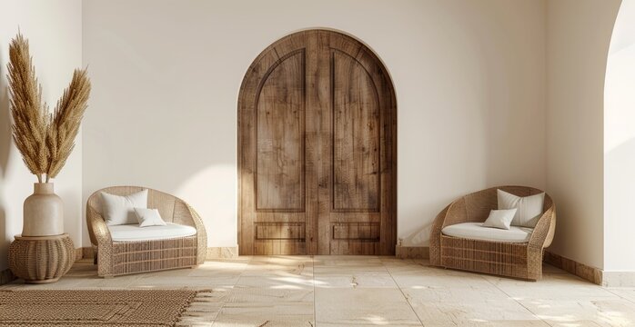 3D rendering of a mockup interior design. A living room with a wooden arched door frame and wicker armchairs on a light beige wall background