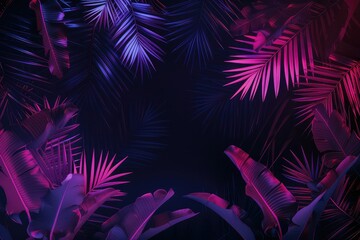 A retro-style banner featuring neon palm leaves and frame on a black background in beautiful rendering.