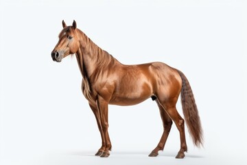 Majestic chestnut horse standing profile, with shiny coat and flowing tail on a white background