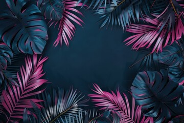 A retro-style banner featuring neon palm leaves and frame on a black background in 3D rendering.