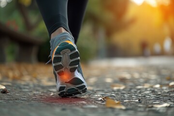 A detailed, close-up shot of a persons running shoes covered in mud after a vigorous run, A runner's graphically displayed sprained foot, AI Generated - obrazy, fototapety, plakaty