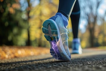 A detailed close-up of a persons running shoes as they exercise on a treadmill, capturing the active motion of their workout, A runner's graphically displayed sprained foot, AI Generated