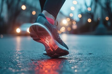 A detailed image showcasing the running shoes and feet of a person in rapid movement, A runner's graphically displayed sprained foot, AI Generated - obrazy, fototapety, plakaty