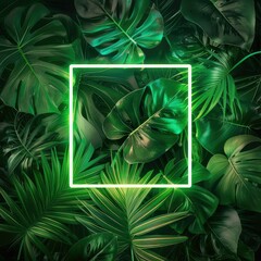 A square lozenge neon shape floating between green tropical leaves