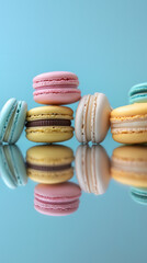 Colorful Assortment of French Macarons on Reflective Surface