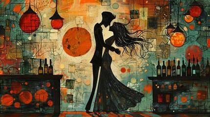 A couple lost in a passionate tango dance inside a vintage, artistically splattered cafe under warm, ambient lighting.