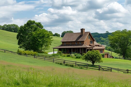 A photo of a sizable house situated atop a vibrant green field, A rustic farmhouse nestled among rolling green hills, AI Generated