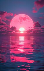 A striking image featuring a vivid pink moon rising above a calm sea with reflections, conveying serenity and wonder